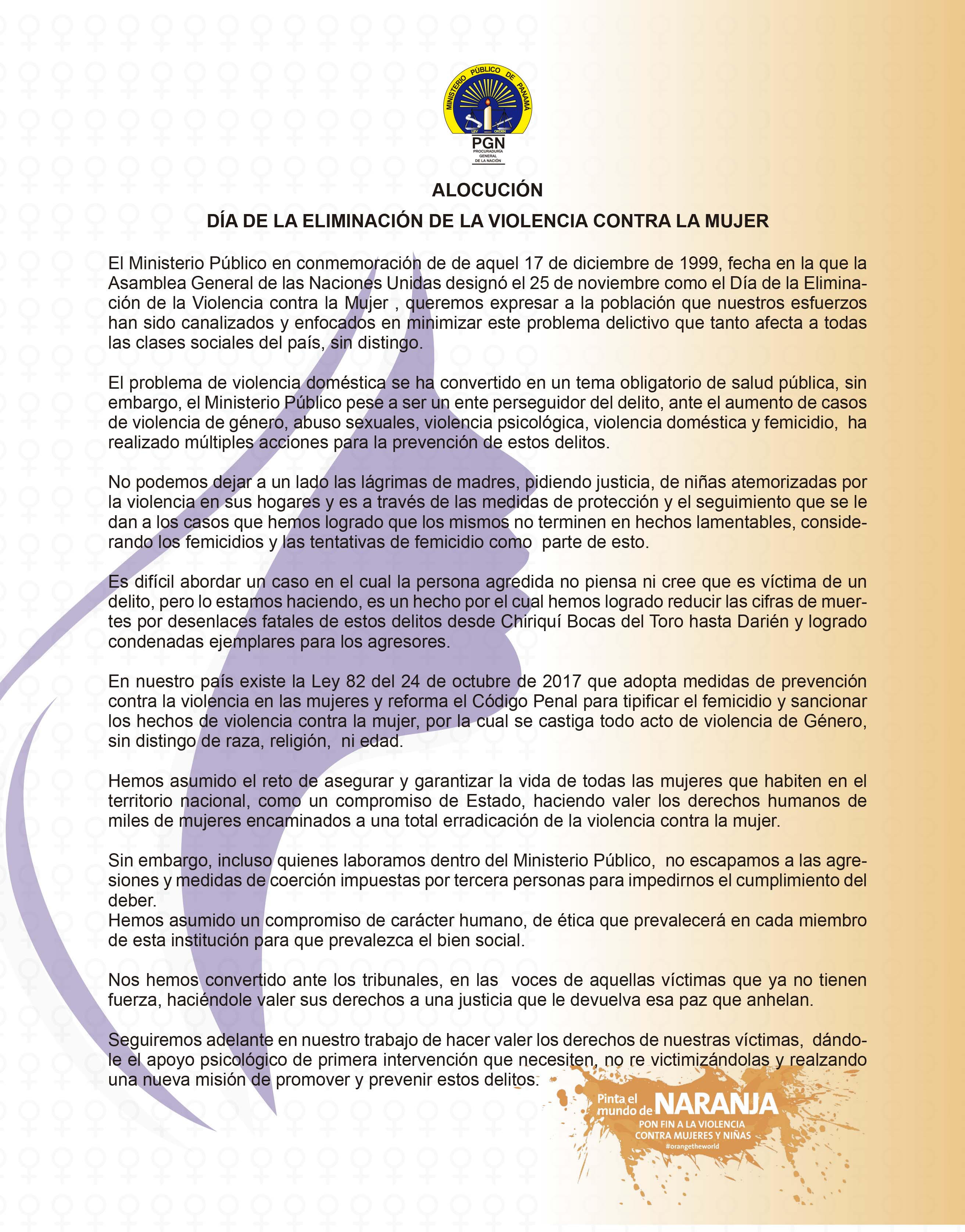 Alocución del Día de la Eliminación de la Violencia contra la Mujer