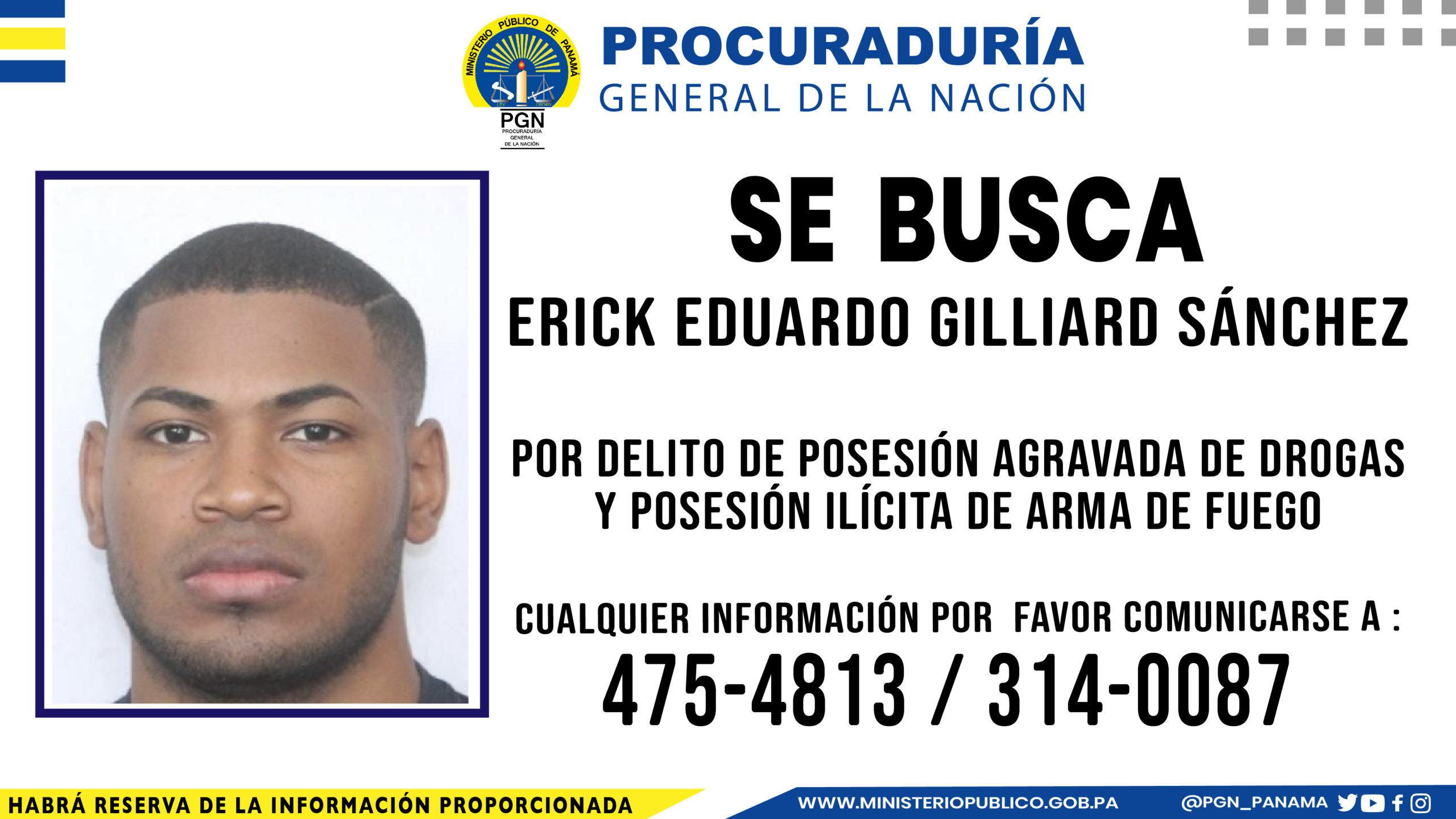 Ministerio Público solicita colaboración para ubicar a Erick Eduardo Gilliard Sánchez por delitos relacionados con drogas