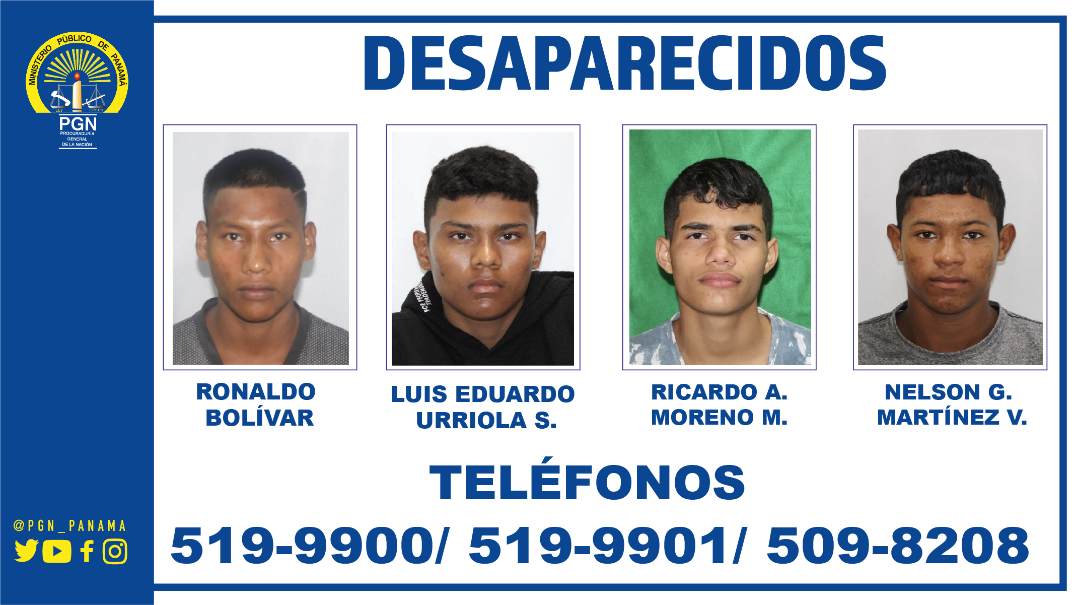 La Subregional de Arraiján solicita colaboración de la ciudadanía para ubicar a cuatro jóvenes desaparecidos