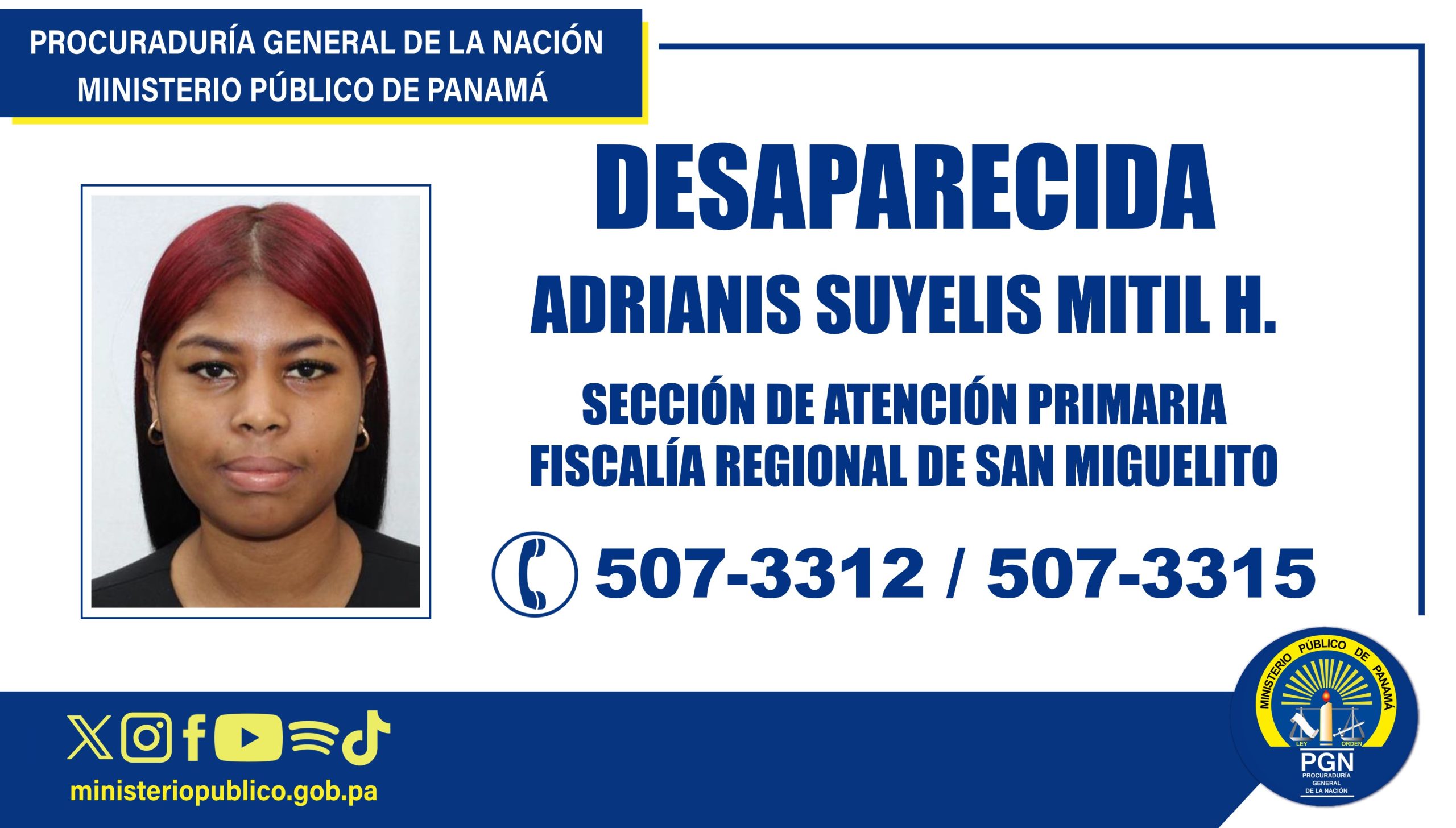 Fiscalía de San Miguelito solicita apoyo de la ciudadanía para ubicar a joven desaparecida