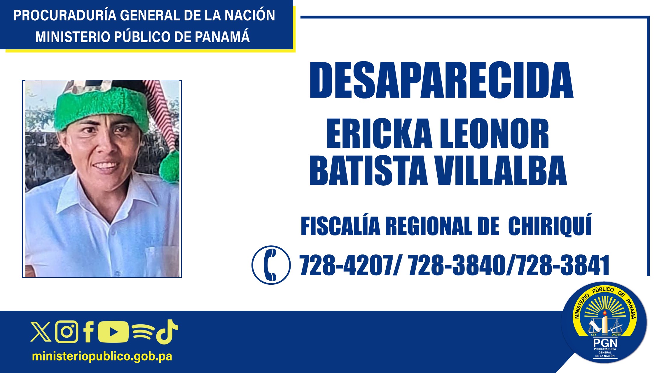 En Chiriquí Fiscalía Regional solicita colaboración para ubicar a una persona reportada como desaparecida