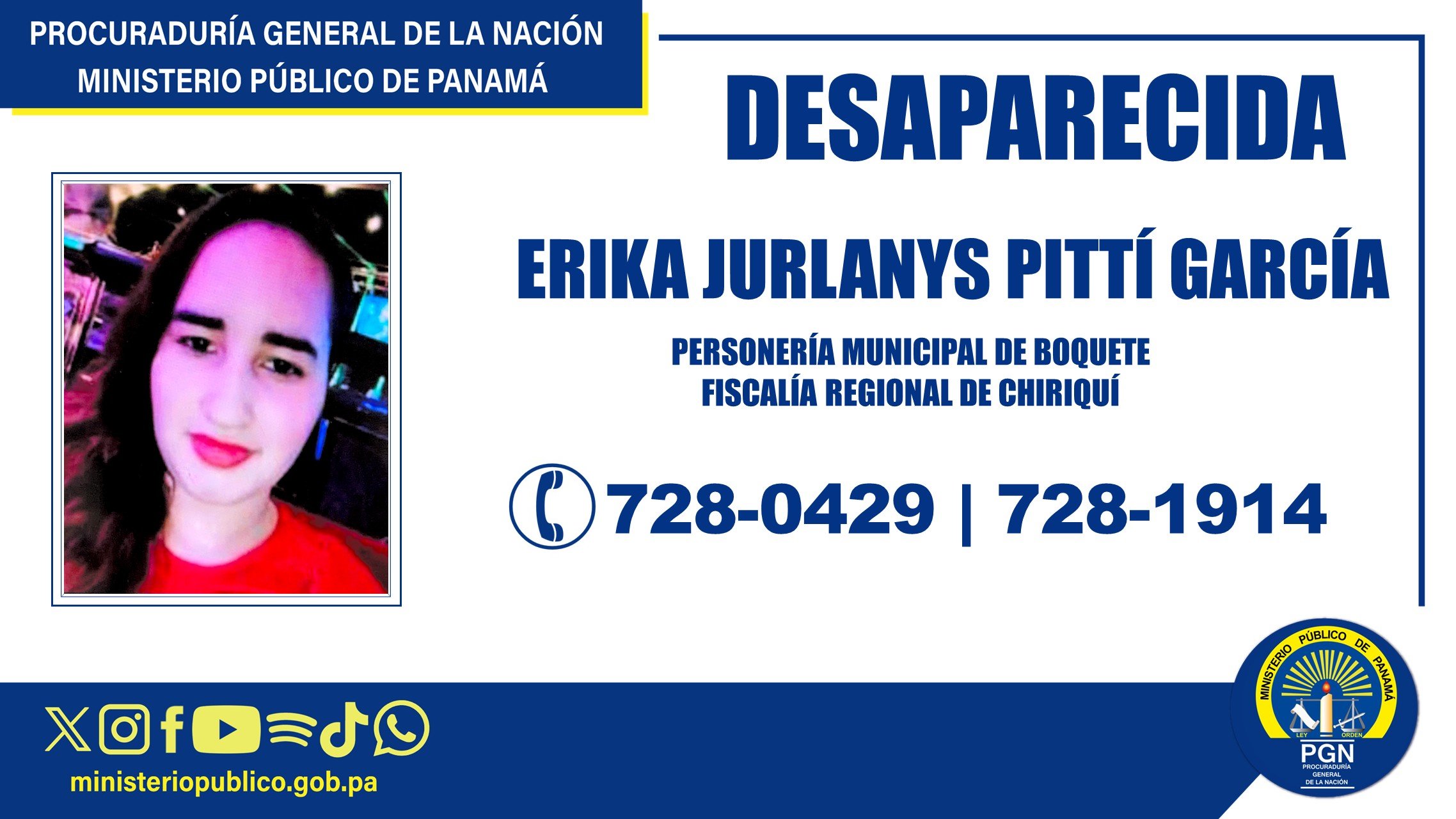 Fiscalía Regional de Chiriquí solicita apoyo a la ciudadanía para ubicar a joven reportada como desaparecida en Boquete
