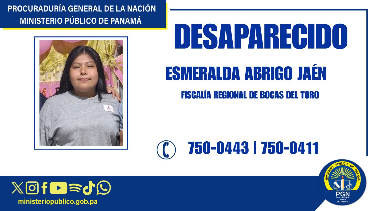 Fiscalía Regional de Bocas del Toro solicita apoyo a la ciudadanía para ubicar a joven desaparecida