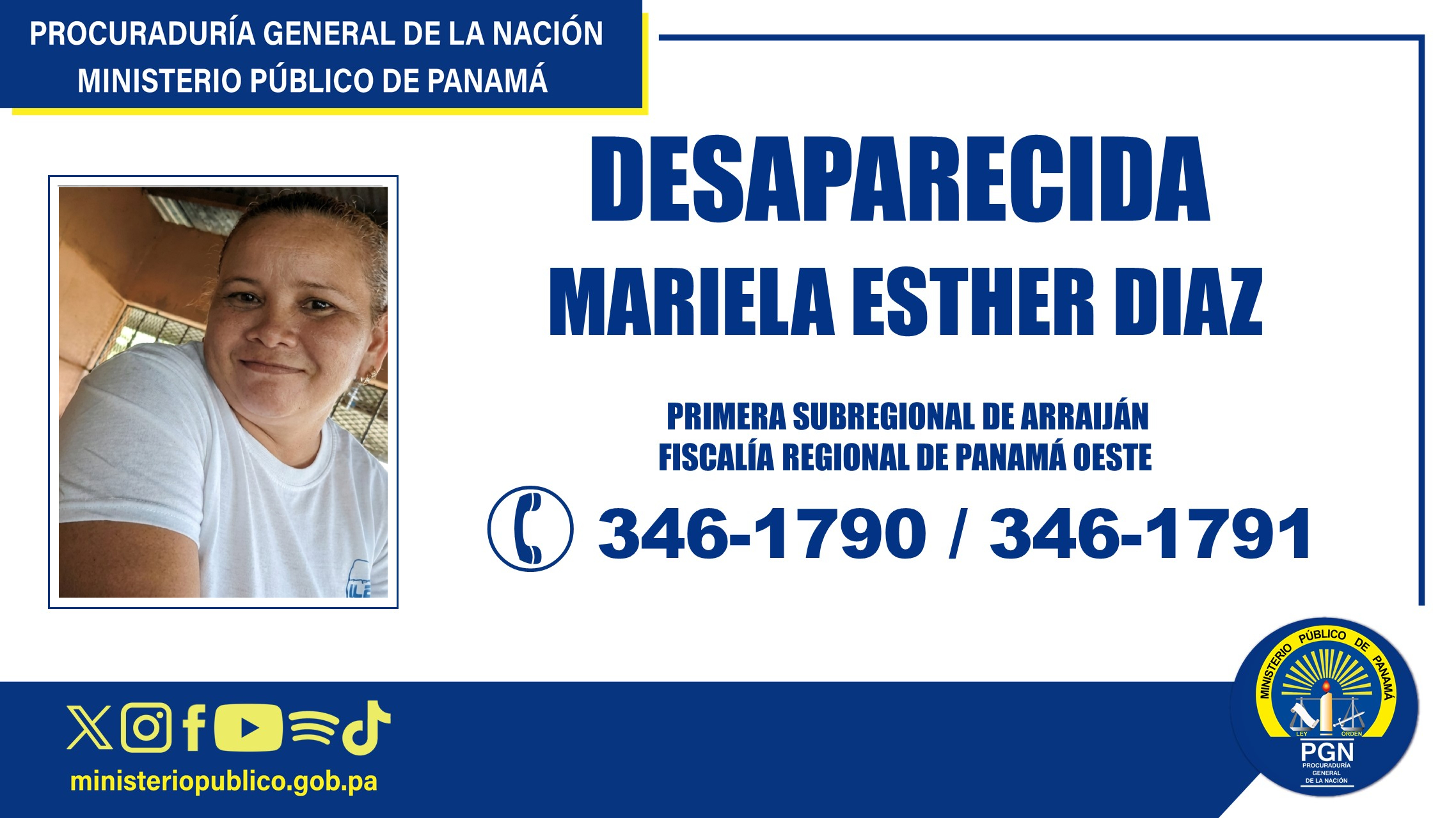 La Primera Subregional de Arraiján solicita apoyo para ubicar a una mujer desaparecida