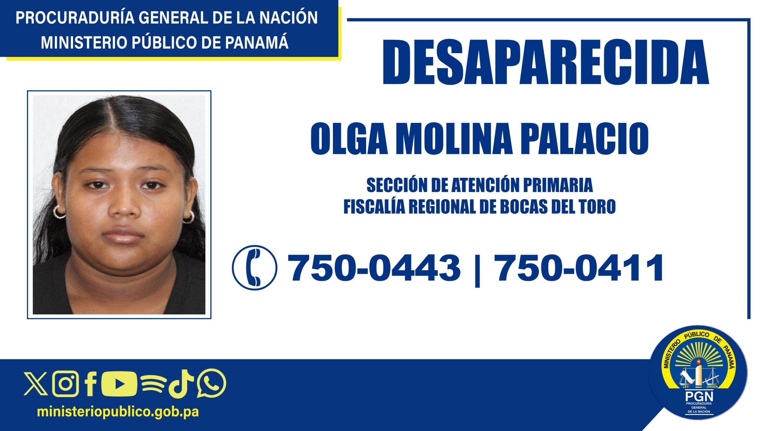 Fiscalía de Bocas del Toro solicita apoyo a la ciudadanía para ubicar a joven desaparecida