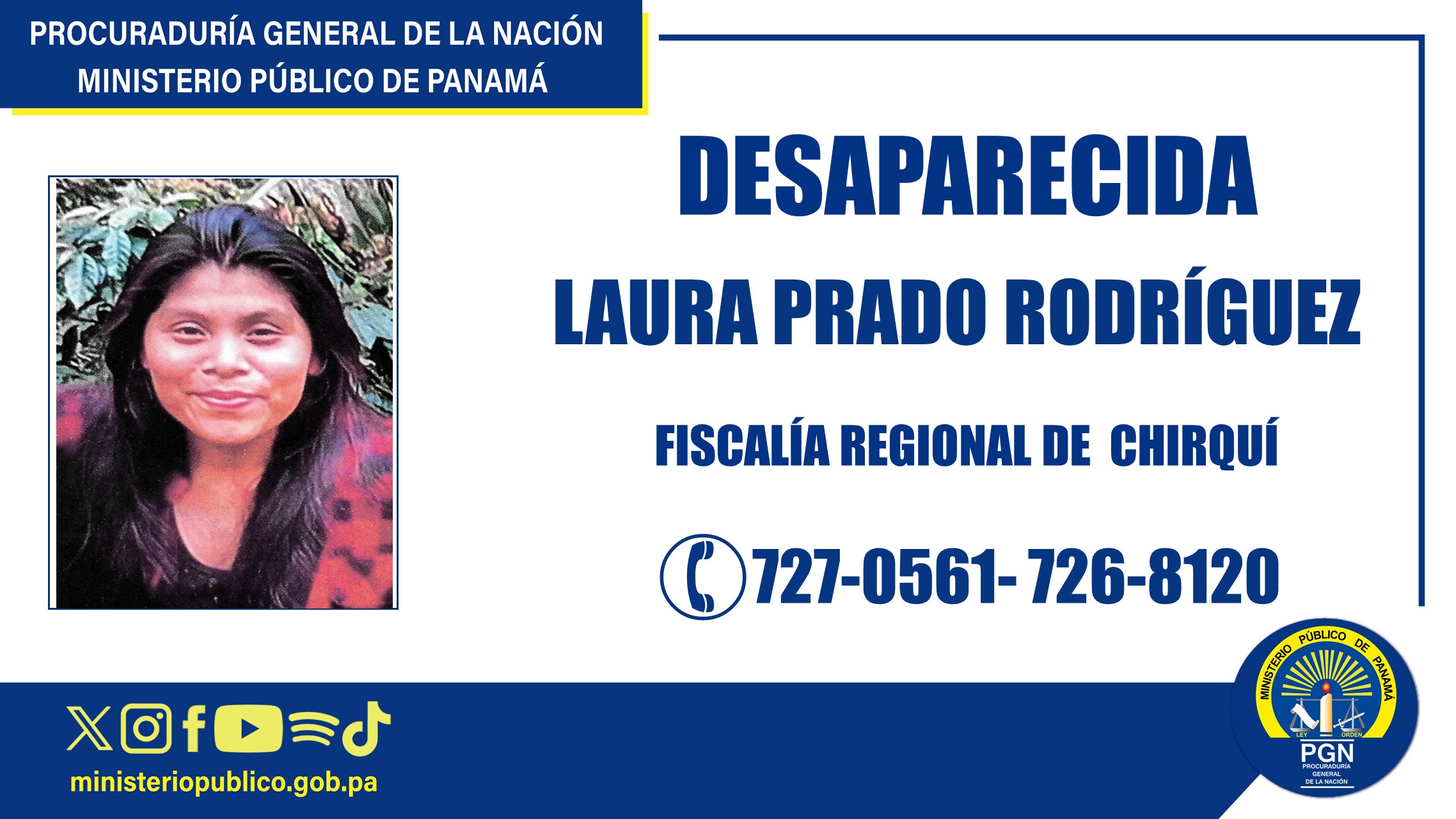 Fiscalía en Chiriquí pide colaboración para ubicar a una ciudadana reportada como desaparecida