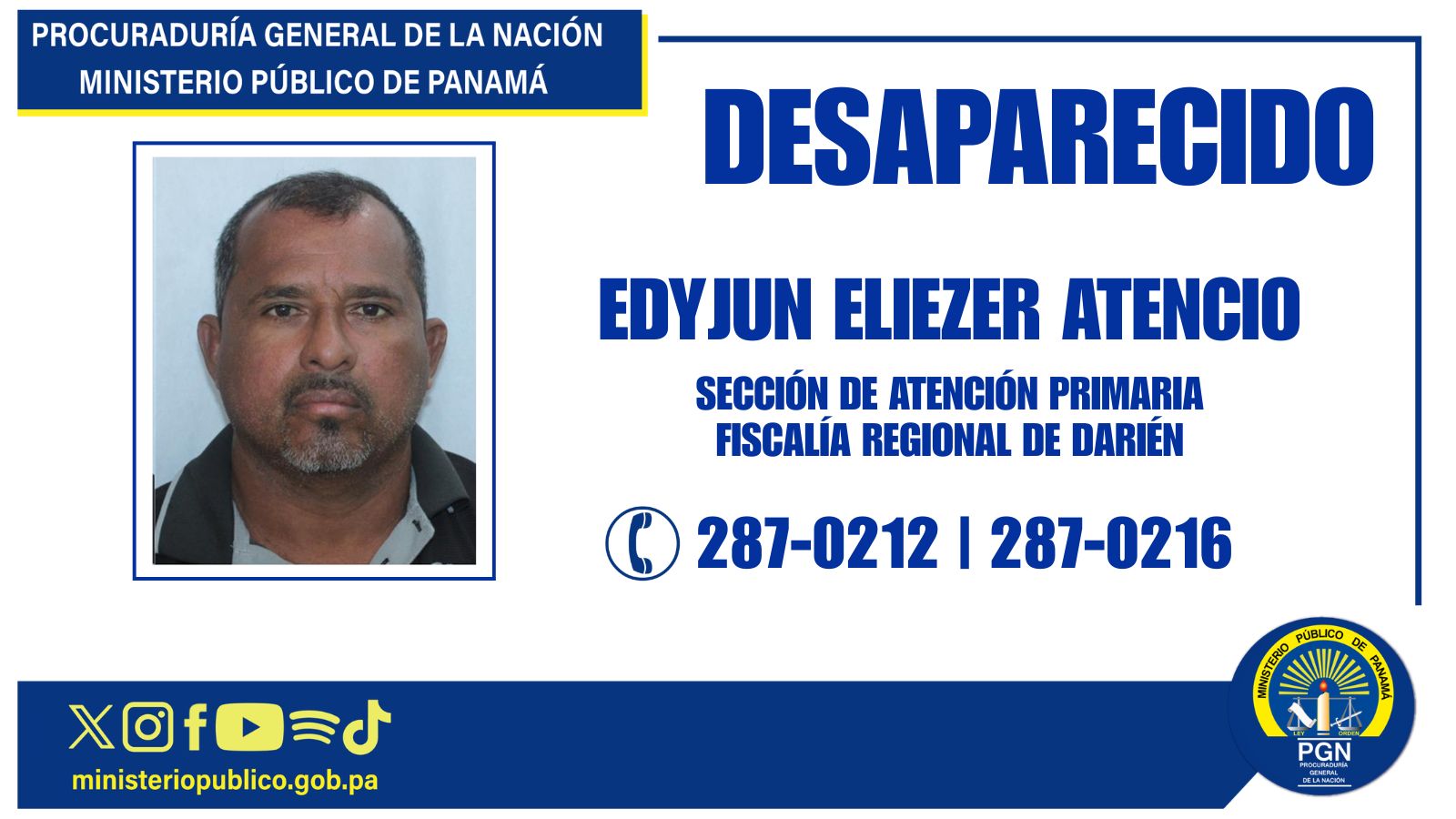 Fiscalía Regional de Darién requiere apoyo para ubicar a un ciudadano desaparecido