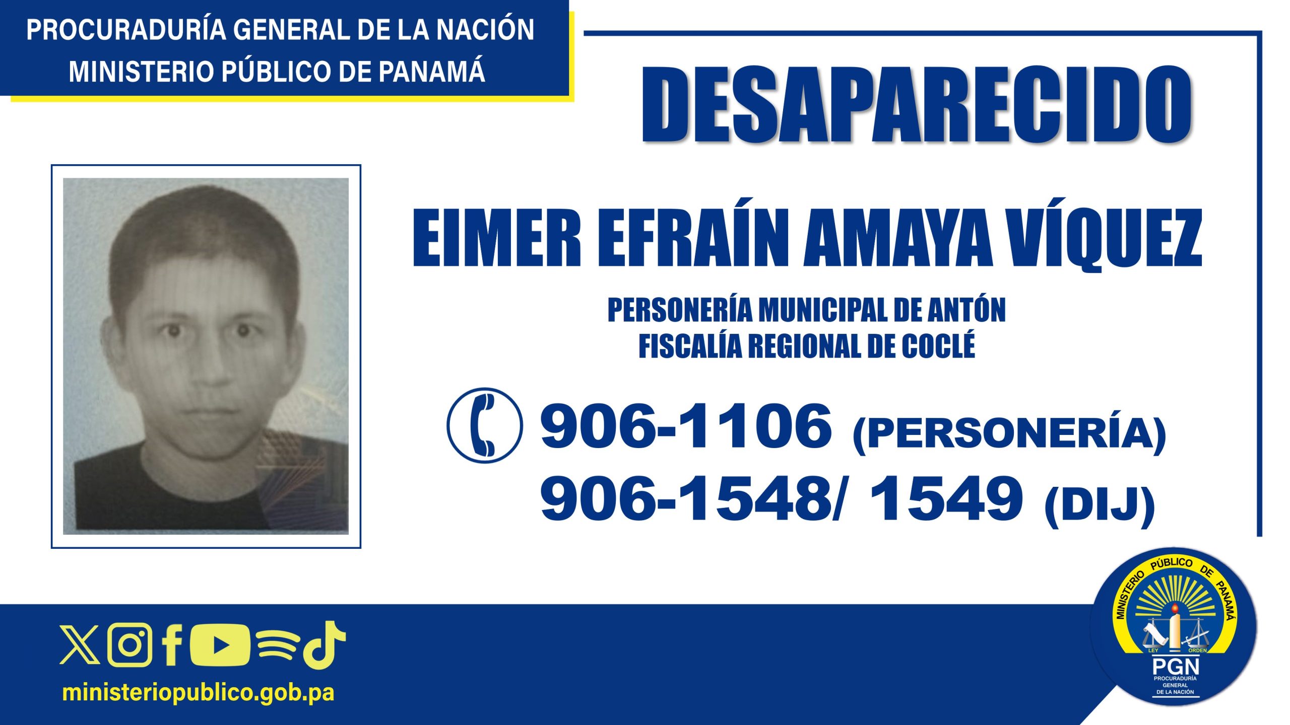 Personería Municipal de Antón solicita apoyo de la ciudadanía para ubicar a joven desaparecido