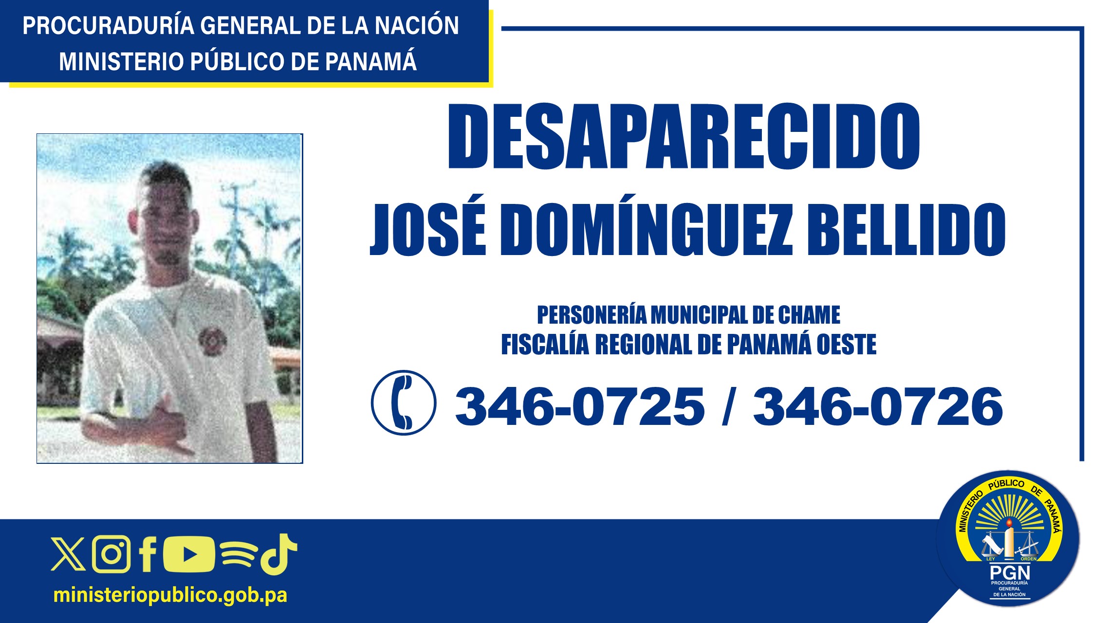 Personería Municipal de Chame solicita colaboración para dar con el paradero de un hombre desaparecido