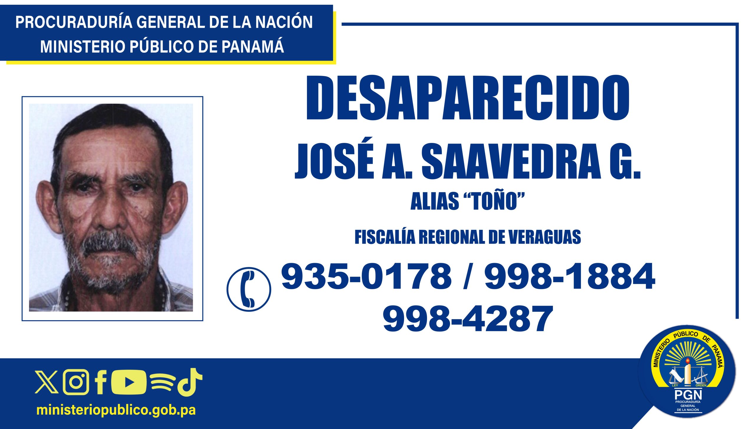 Fiscalía de Veraguas solicita colaboración para dar con la ubicación de un hombre