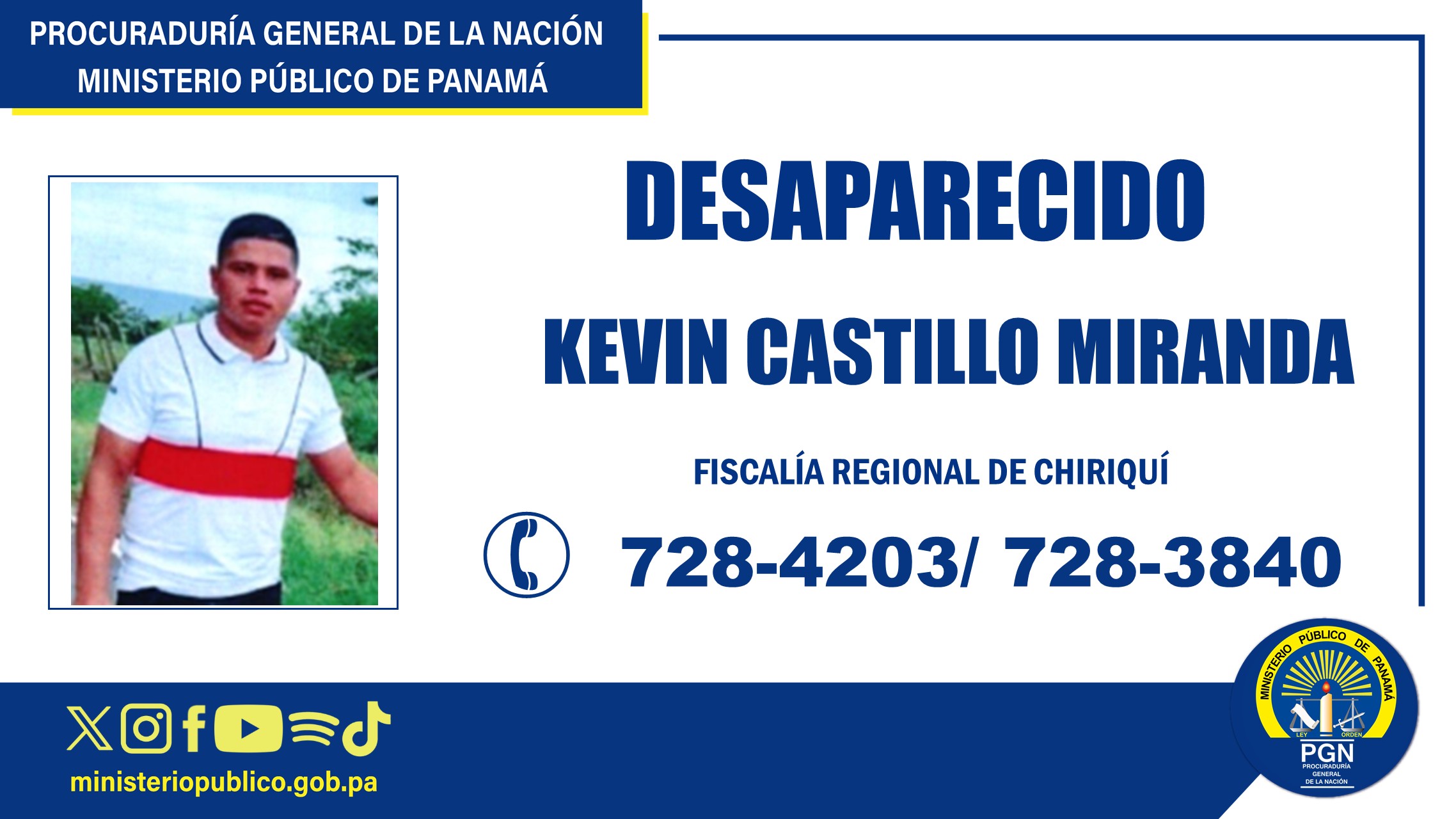 Fiscalía Regional de Chiriquí solicita colaboración para ubicar a una persona desaparecida