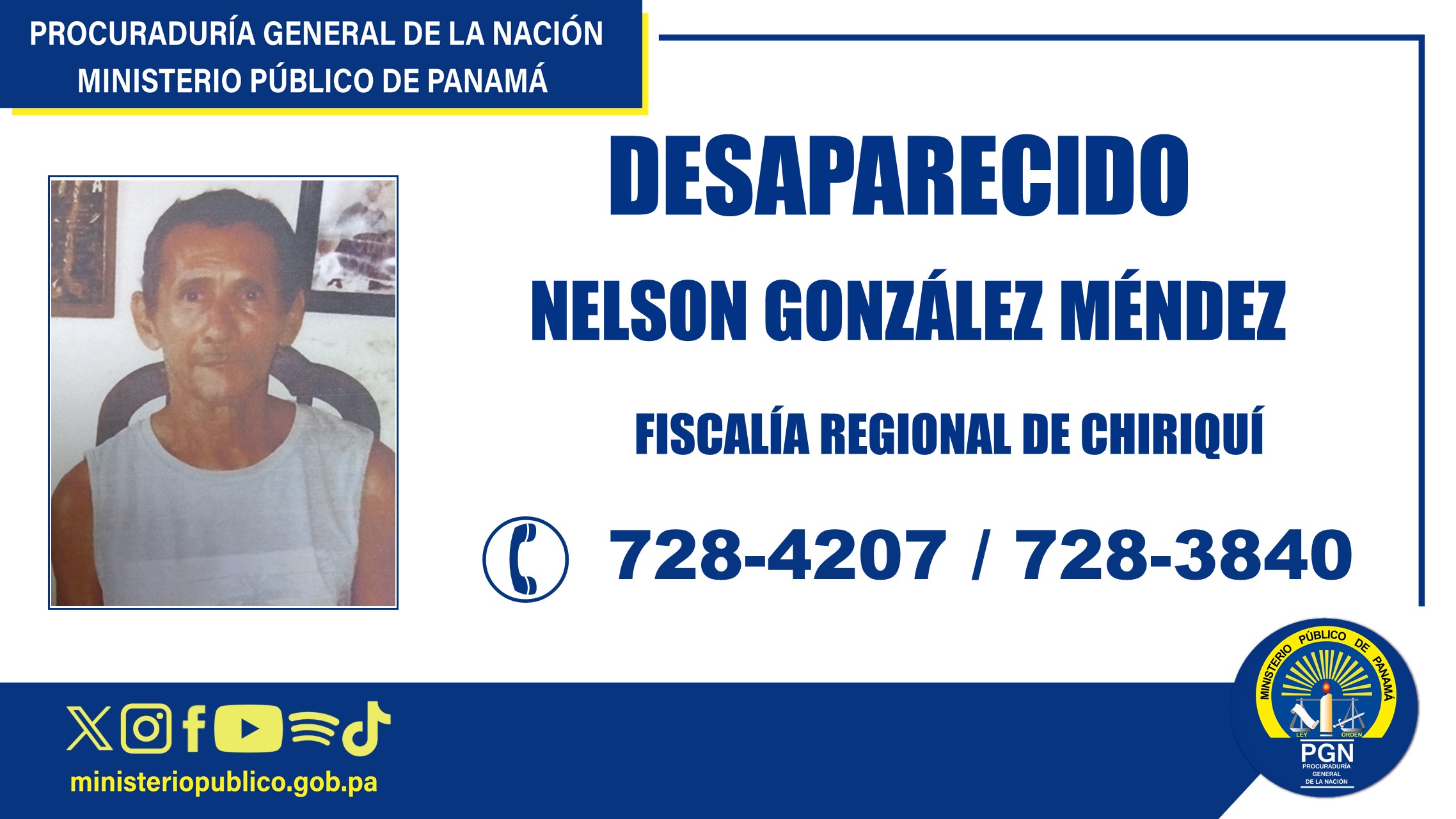 Fiscalía en Chiriquí pide colaboración para ubicar a una persona reportada como desaparecida