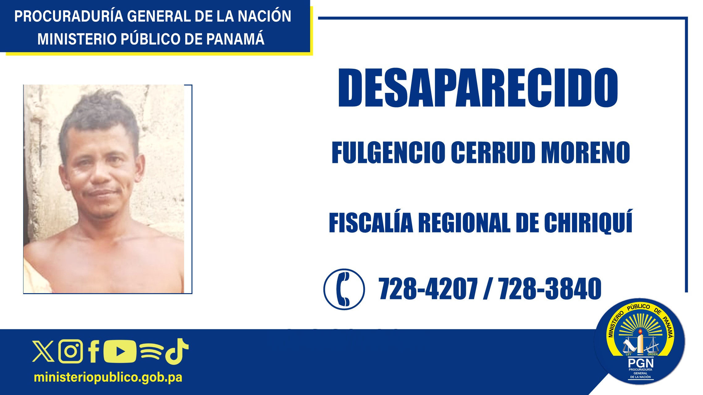 Se solicita colaboración para ubicar a una persona reportada como desaparecida en Chiriquí
