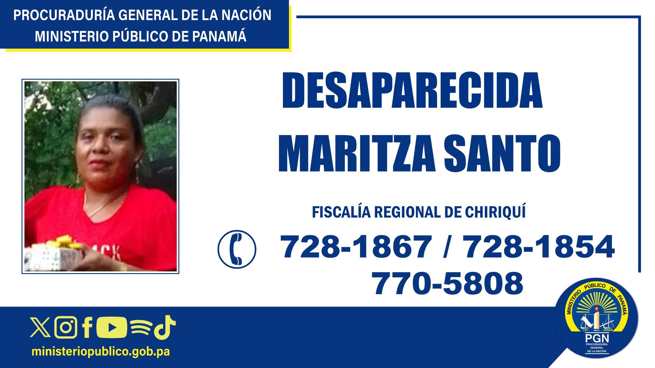 Fiscalía Regional de Chiriquí mantiene investigación tras desaparición de una ciudadana