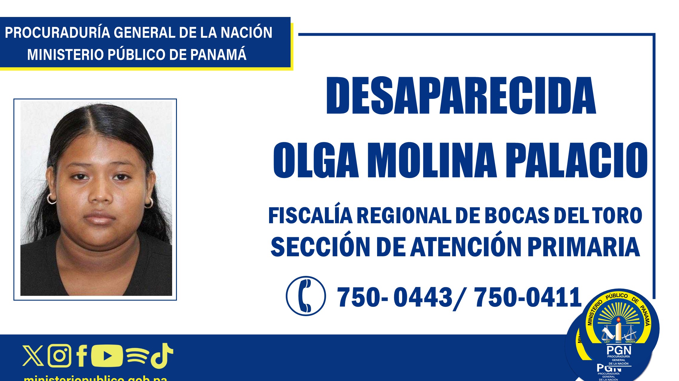 Fiscalía de Bocas del Toro solicita apoyo a la ciudadanía para ubicar a joven desaparecida