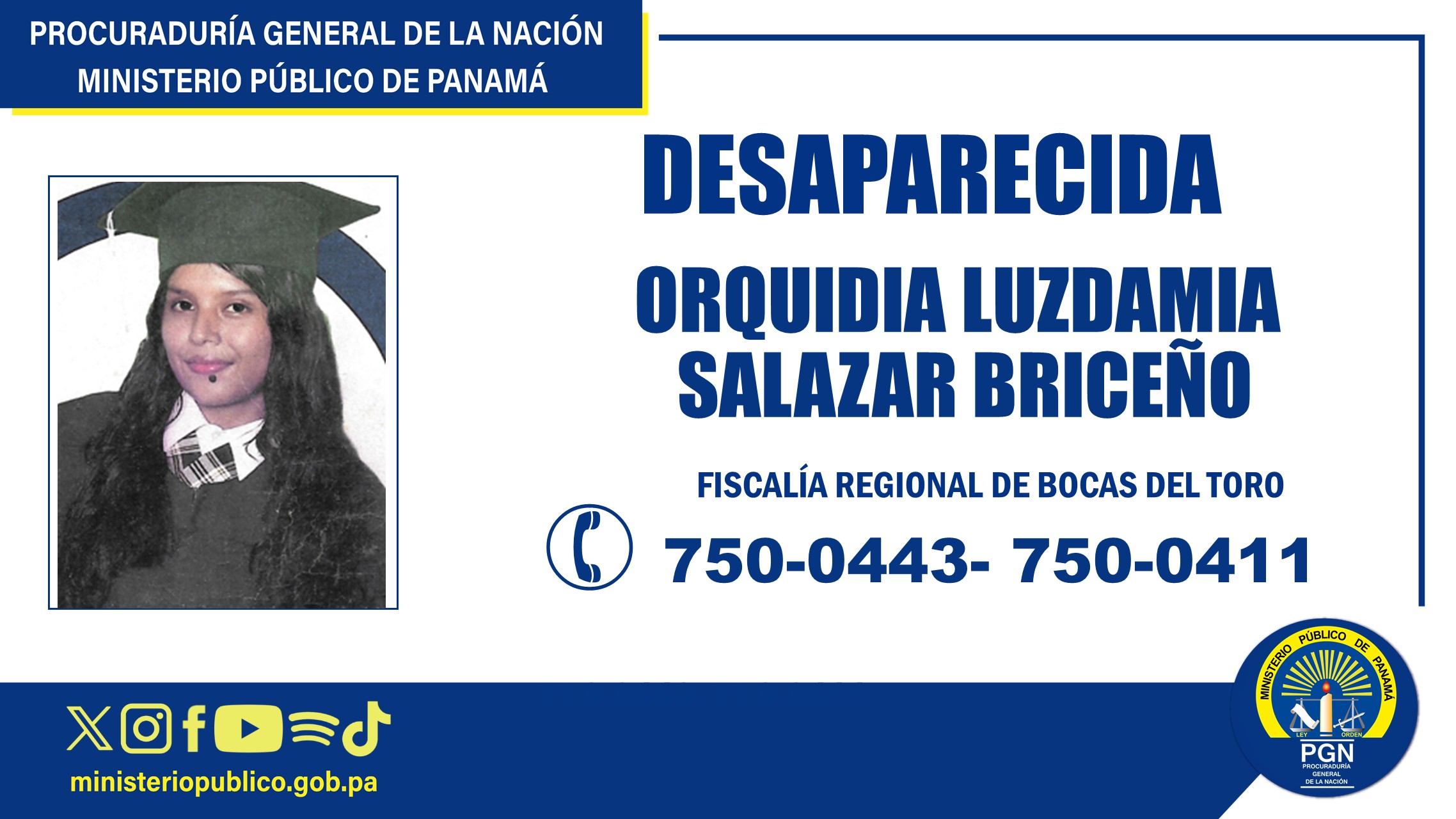 Fiscalía Regional de Bocas del Toro solicita apoyo a la ciudadanía para ubicar a joven desaparecida