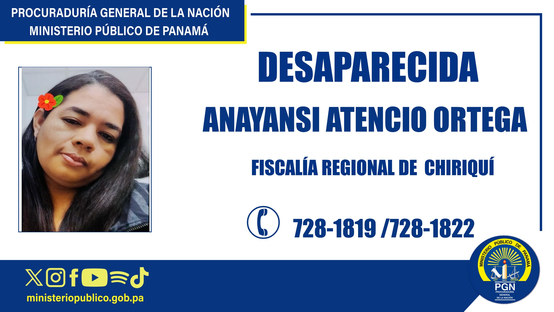 Fiscalía Regional de Chiriquí pide colaboración para ubicar a persona desaparecida