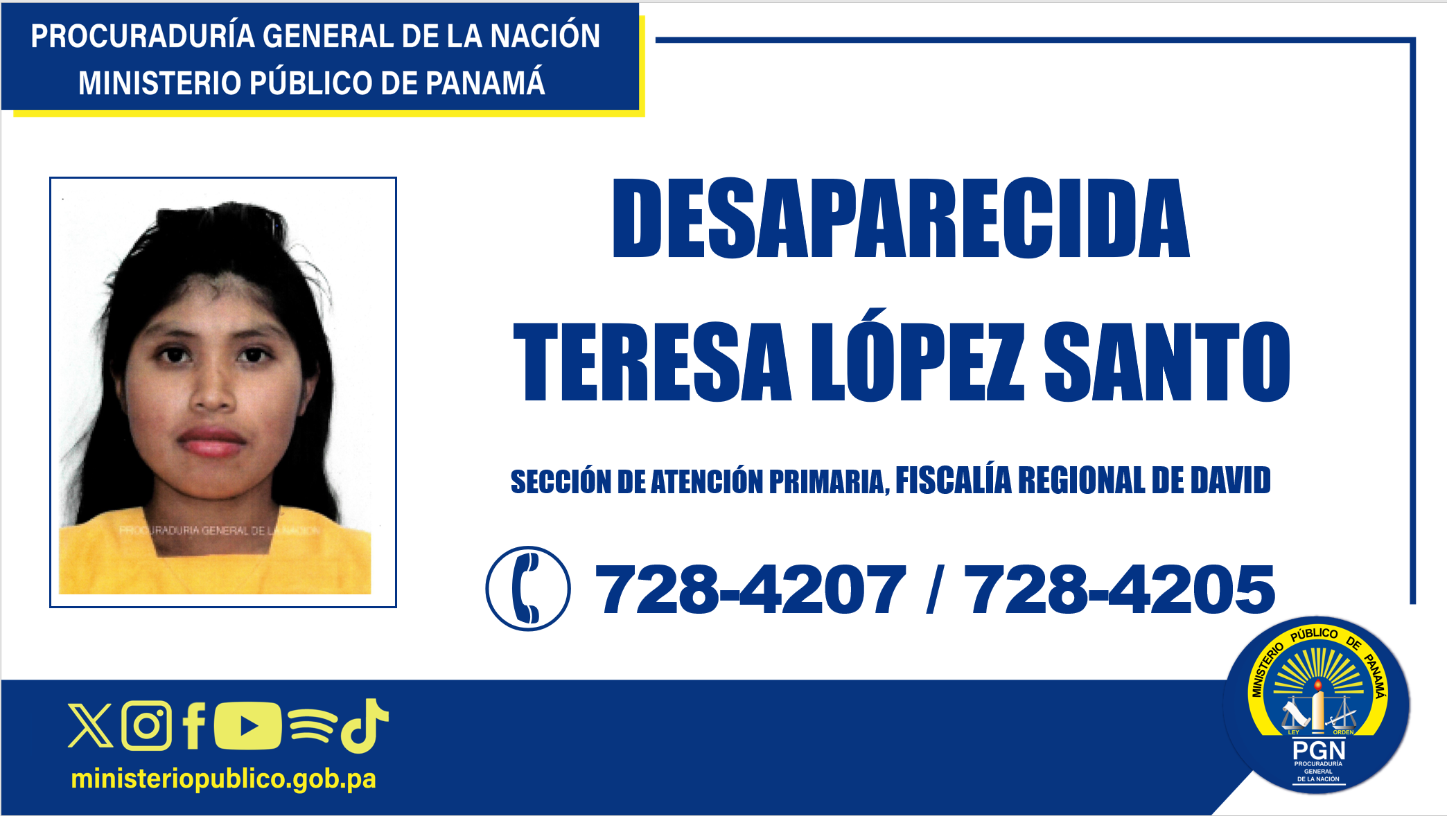 La Fiscalía Regional de David solicita colaboración ciudadana para ubicar a una mujer desaparecida