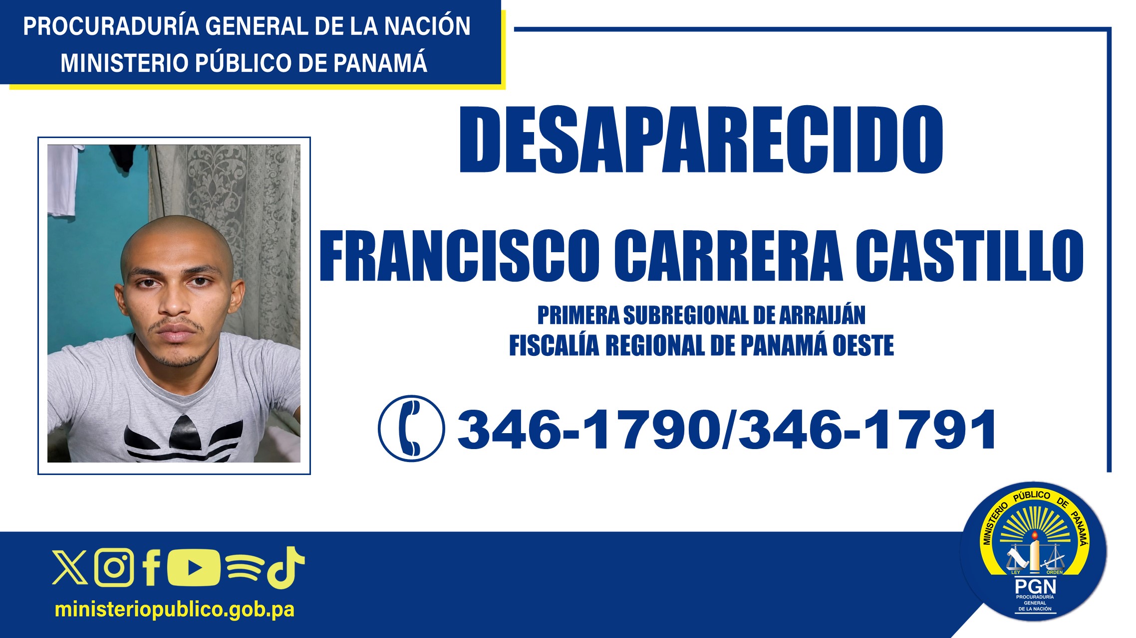 En Arraiján solicitan colaboración para dar con el paradero de un hombre desaparecido