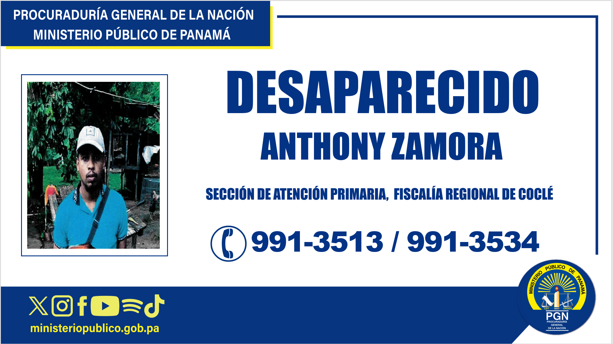 La Fiscalía Regional de Coclé solicita la colaboración para ubicar a un hombre desaparecido