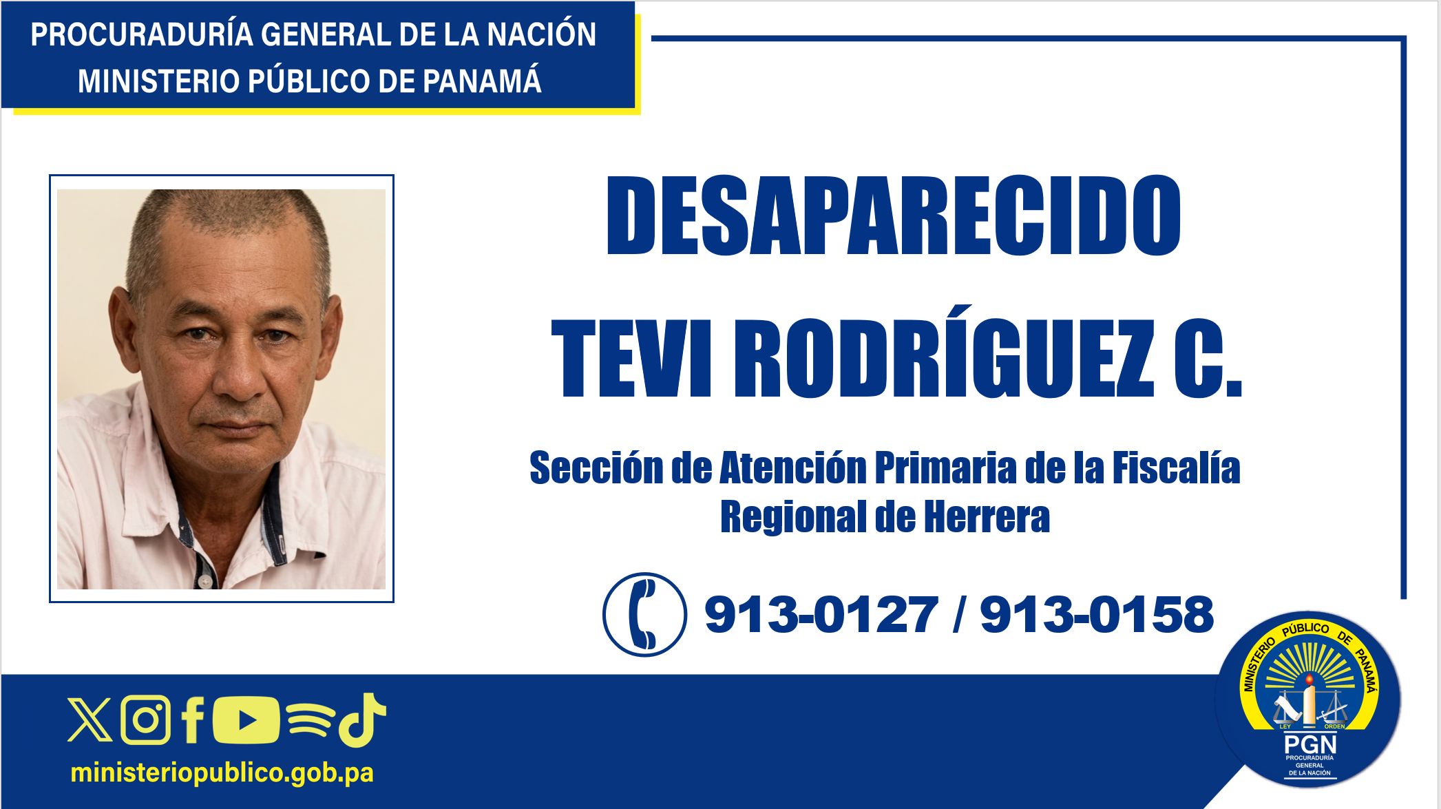 Se solicita información sobre una persona desaparecida en Herrera