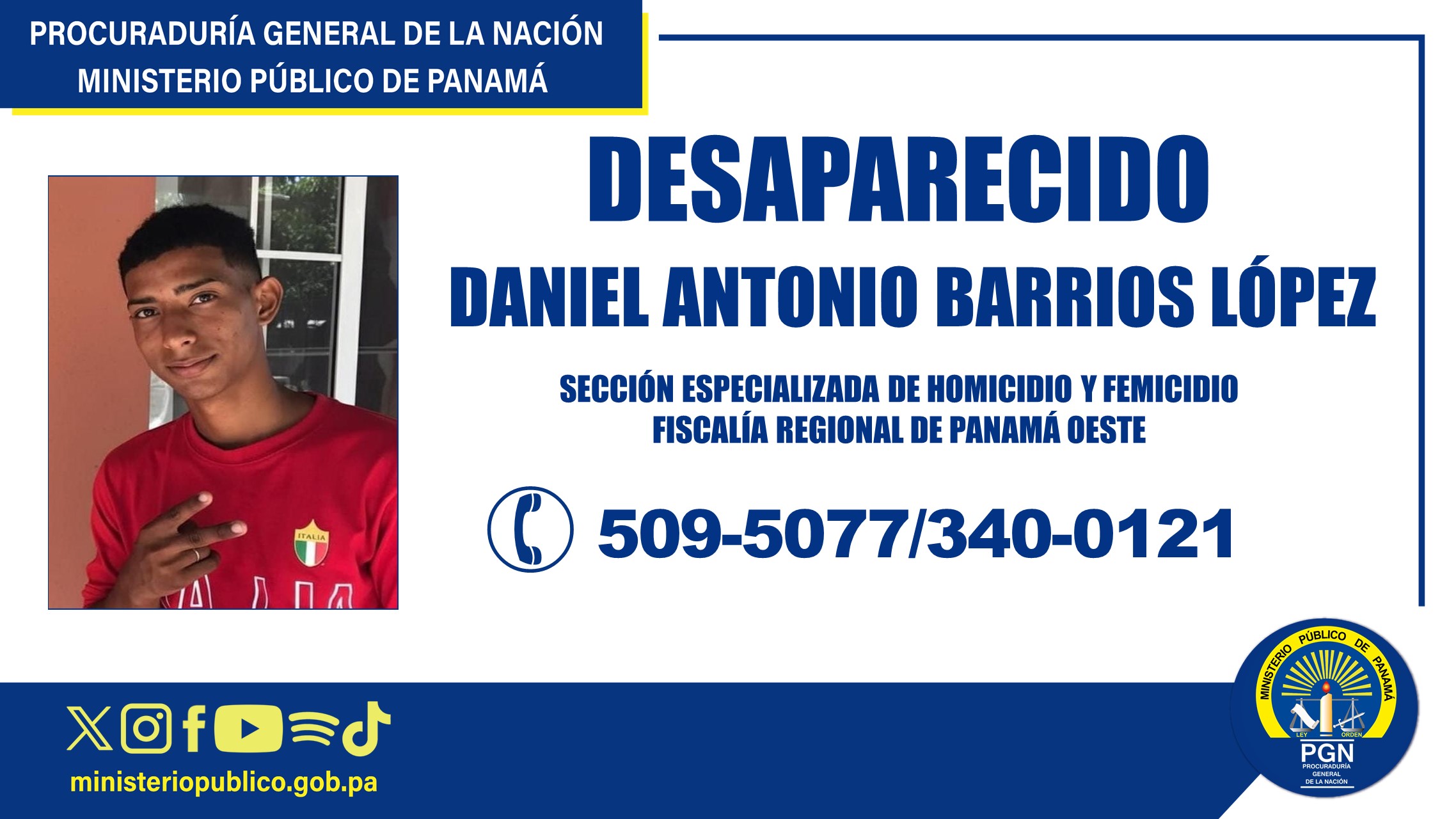 Fiscalía Regional de Panamá Oeste solicita apoyo para ubicar a un hombre desaparecido