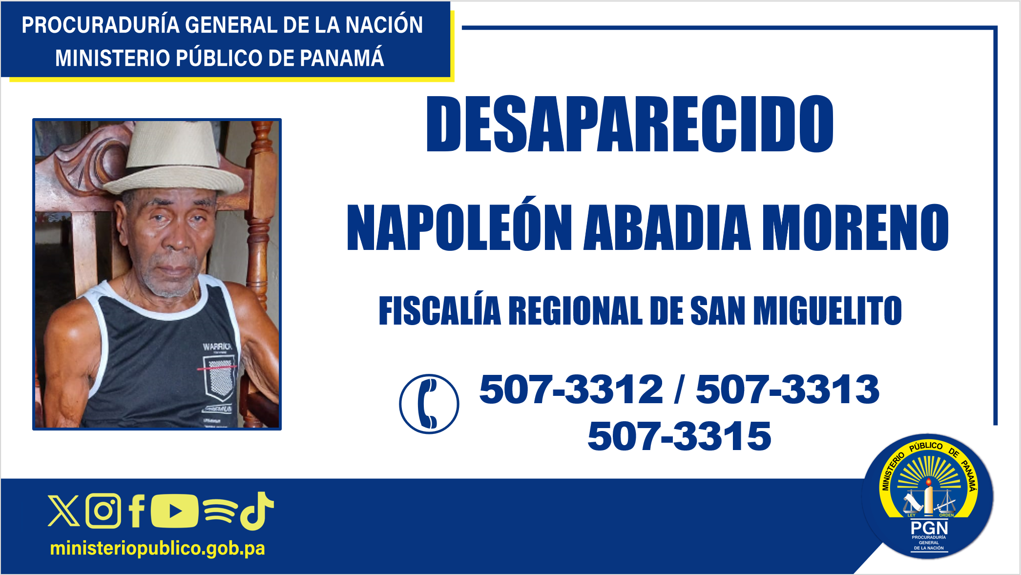 Fiscalía de San Miguelito requiere apoyo para ubicar a un adulto mayor desaparecido