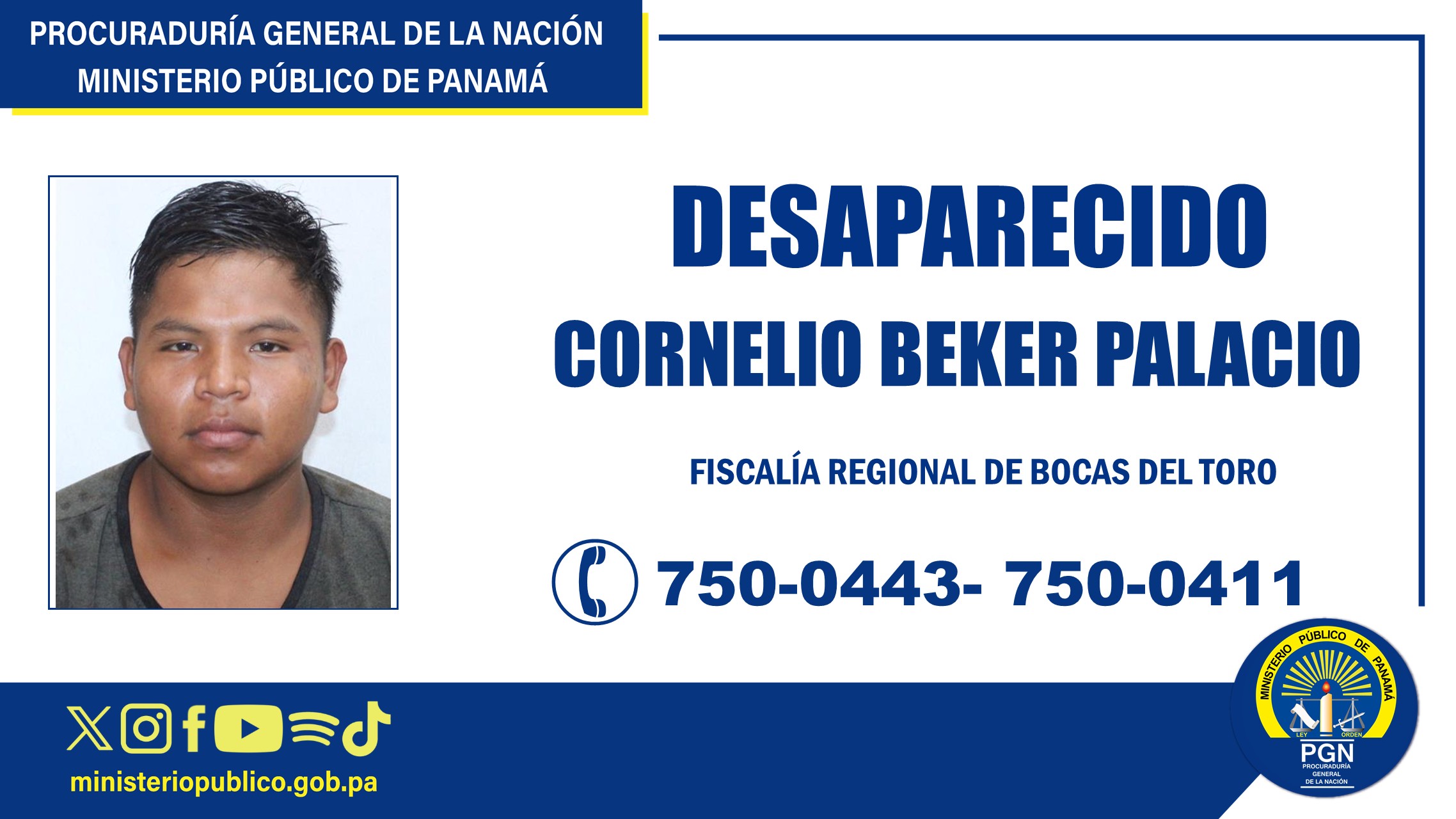 La Fiscalía Regional de Bocas del Toro solicita apoyo a la ciudadanía para ubicar a una persona 