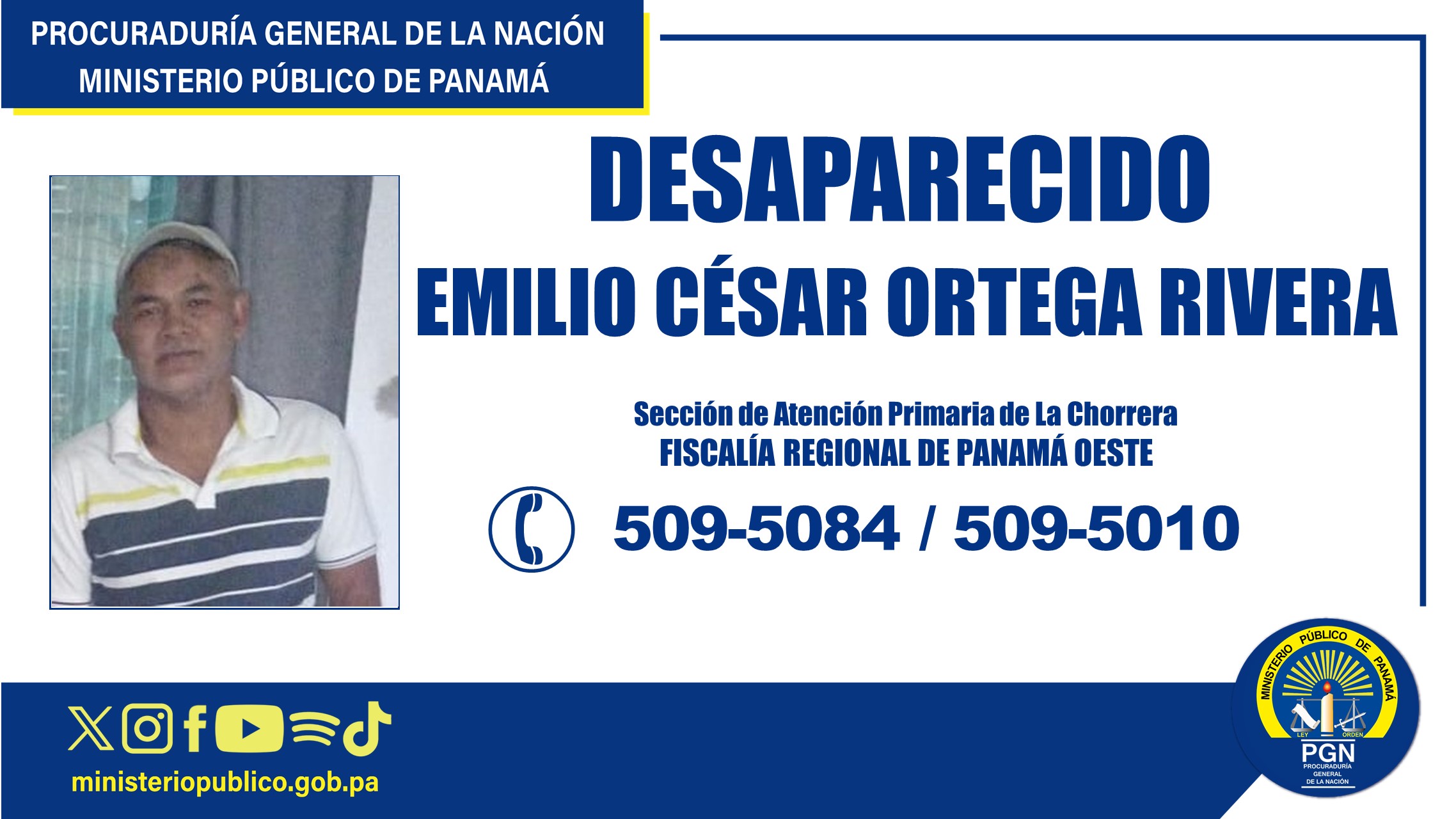 Fiscalía Regional de Panamá Oeste solicita apoyo para ubicar a un hombre desaparecido en La Chorrera